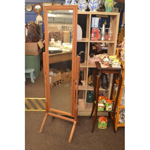 604 - Pine framed cheval mirror, overall height 156cm, 46cm wide