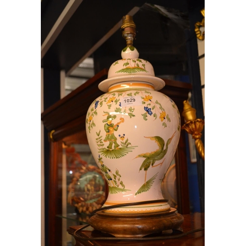 1029 - European style hand painted table lamp base, no plug, height to light fitting 46cm