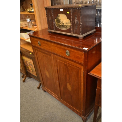 1124 - Mahogany inlaid one drawer shelved cupboard W 91 x D 49 x H110