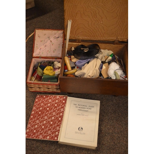 781 - 2 boxes of Sewing items and sewing box with contents, plus a book on sewing.