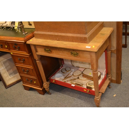 1156 - Stripped pine side table with lower shelf & drawer, on casters.