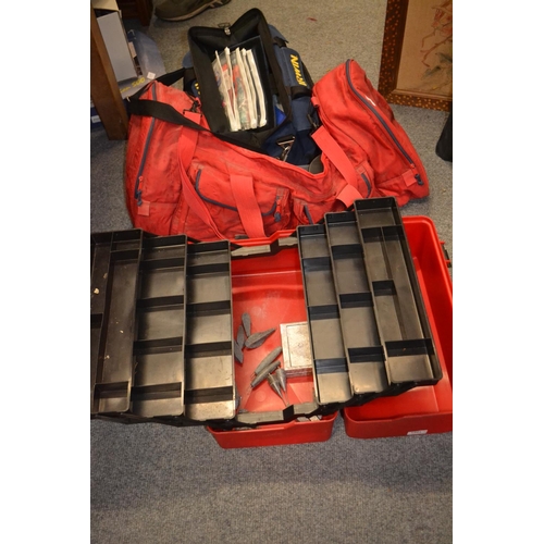 1201 - Irwin tacklebag, large red tackle box with lead weights plus Sundridge bag and contents, inc, fishin... 