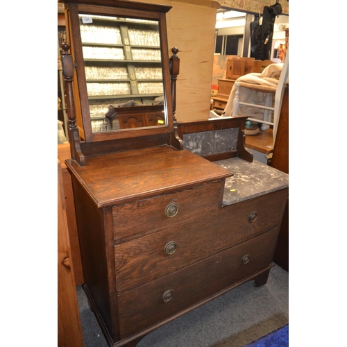 1224 - Oak stepped dressing chest with mirror and part marble top, overall height inc. mirror 159cm x W110 ... 