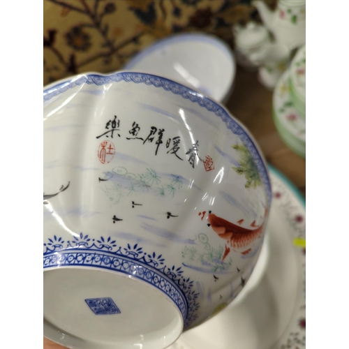 797 - Oriental Egg shell four graduated bowls Hand Painted with Fish , Chickens and Court Scene, Blue Stam... 