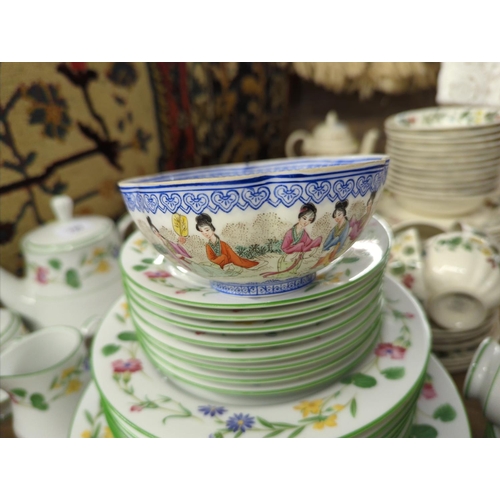 797 - Oriental Egg shell four graduated bowls Hand Painted with Fish , Chickens and Court Scene, Blue Stam... 