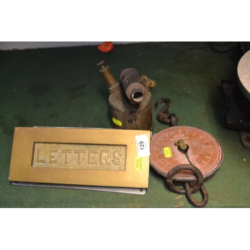 129 - Set of Salters spring balance scales, brass letter box & paraffin burner