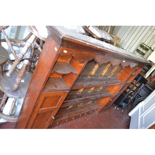 275 - large oak shelved dresser top with small drawers and cupboards. 188cm long x 23cm deep x 123cm high