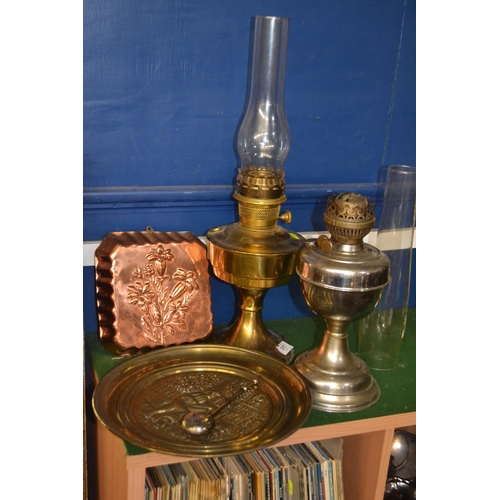 317 - Mixed metals including two oil lamps large lamp 52cm height 