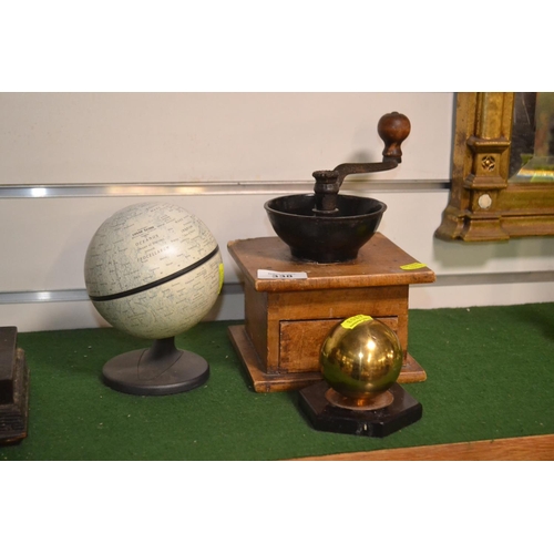 338 - Small lunar globe, vintage coffee grinder and brass sphere paperweight