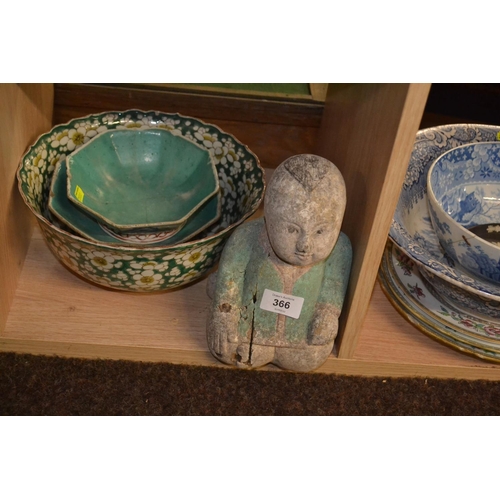 366 - Three oriental style bowls and a wooden kneeling figure