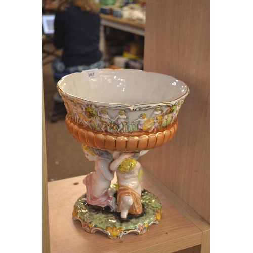 367 - Portuguese Alcobaca ELPA centrepiece bowl supported by cherubs, height 29cm dia. 26cm