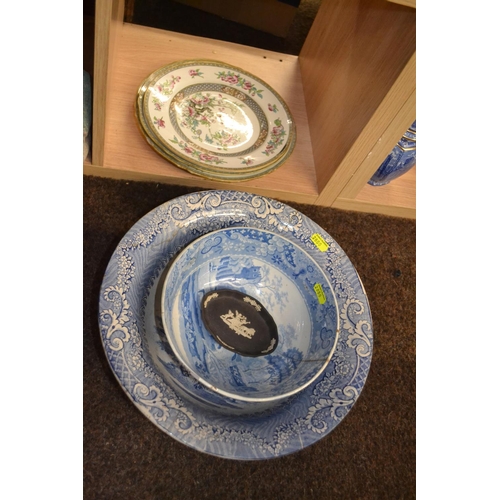 369 - Three plates and two blue and white bowls, inc. Moreen, AF