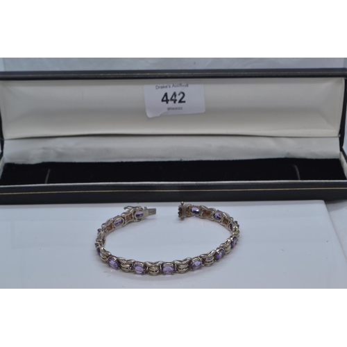 442 - 925 silver & purple stone bracelet, length 190mm, 17.83 grams