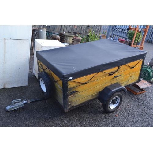 65 - Metal framed trailer with wooden panels, with cover. trailer minus towbar 156cm x 94cm