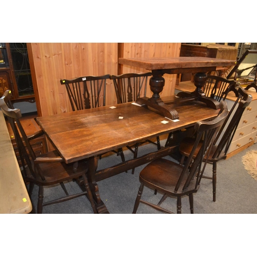 807 - Victorian style oak refectory dining table with six chairs, table measures 182cm length, 79cm wide, ... 