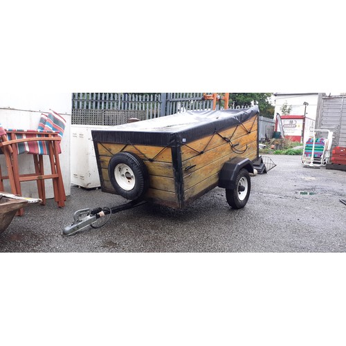 65 - Metal framed trailer with wooden panels, with cover. trailer minus towbar 156cm x 94cm