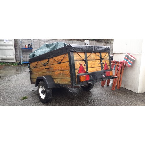 65 - Metal framed trailer with wooden panels, with cover. trailer minus towbar 156cm x 94cm