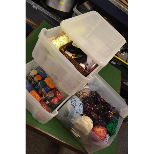 235 - Box of yarn, haberdashery items & gaming chips