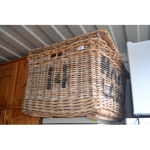 297 - 'Mayfair Laundry' wicker hamper with leather straps (straps AF), 79cm wide, 58cm deep, 44cm high