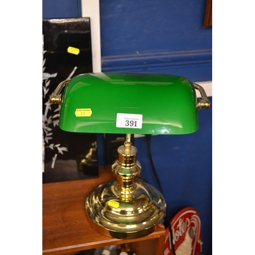 391 - Brass library lamp with green glass shade