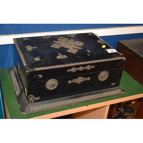 399 - Large C19th ebonised jewellery casket with ornate metal detailing. L44 x D33 x H17cm Areas of loss, ... 