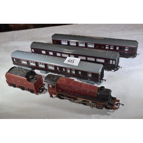 615 - Hornby 00 gauge. LMS 4657 Loco and tender plus 3 rolling stock all loose.