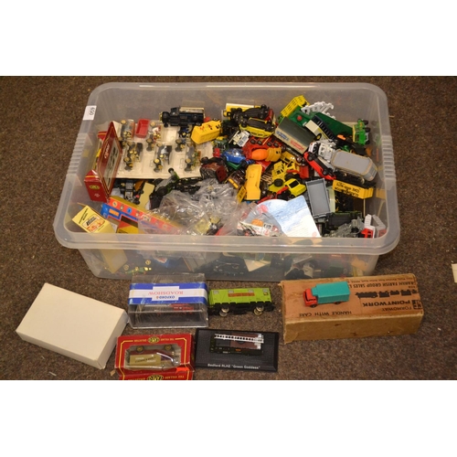 650 - Plastic box full of mostly loose, plus some boxed model vehicles.