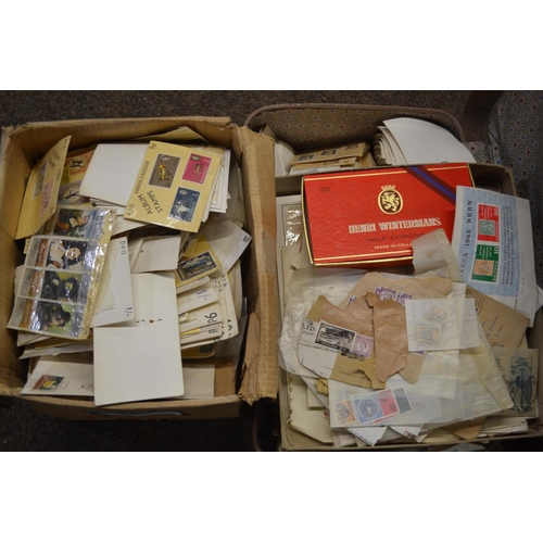 655 - Assorted packaged stamps in box & travel case