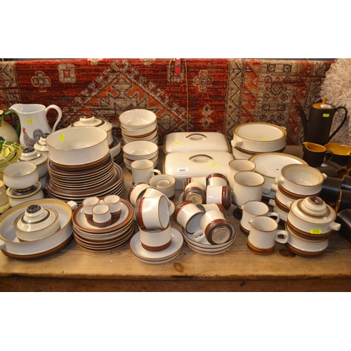 660 - Large selection of Denby and Denby style dinerware, inc, plates, cups servers etc..,