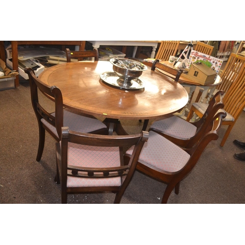 676 - Mahogany brass inset oval pedestal table with six matching upholstered dining chairs L150 x W120 x H... 