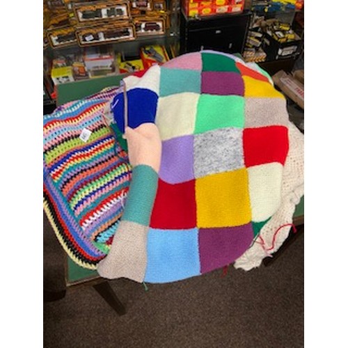 685 - PATCHWORK BLANKET and crochet throw and one other.