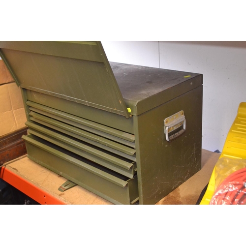 209 - Green metal lift-fronted engineers toolbox, with 4 internal sliding drawers. w65 h38cm