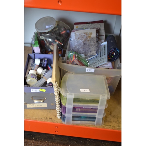 225 - 4 boxes of mixed art & crafting equipment including tub of coloured powder pigments. large quant... 