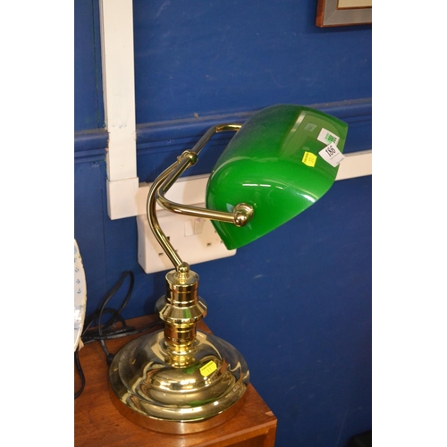 186 - Brass library lamp with green glass shade