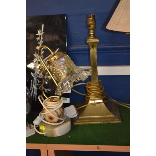 197 - Two table lamps; one brass column lamp and onyx based lamp