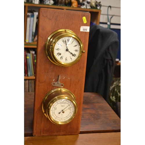 199 - Oak mounted German ship style clock and barometer, W21 x D10 x H53cm