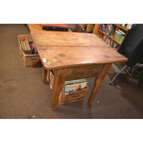 258 - Beautiful characterful Elm topped table with base being carved Nordic originated timber. Well loved ... 