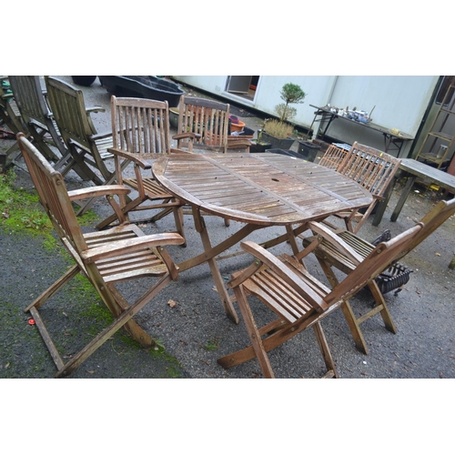 34 - Teak garden table & 6 chairs. 3 chairs with slats missing. Table L160cm