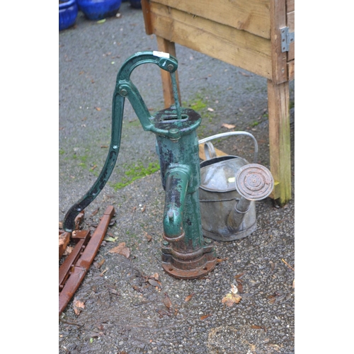 36 - Decorative metal water pump, galvanised watering can + folding butlers tray, butter dish & plate... 