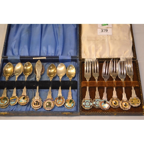 379 - Collection of silver plated souvenir teaspoons, cake knives & butter knife etc.