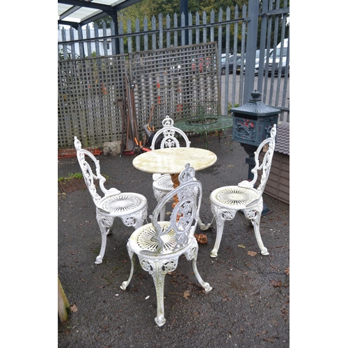 39 - French style cast aluminium bistro set of 4 chairs & marble topped table (small crack)