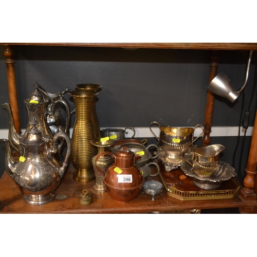 396 - Shelf load of metal ware including silver-plate, copper and brass