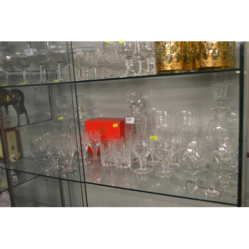 439 - Shelf full of crystal glasses, decanters inc. 3 sets of 4, 1 set of 6 with set of 3 and set of 2