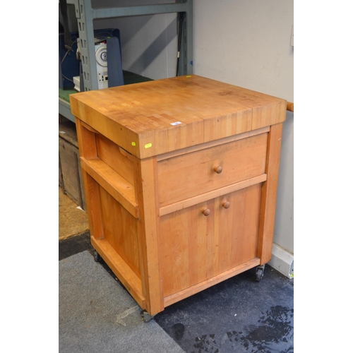 50 - Beech butchers block kitchen island unit, with deep drawer & cupboard, on casters. One caster br... 