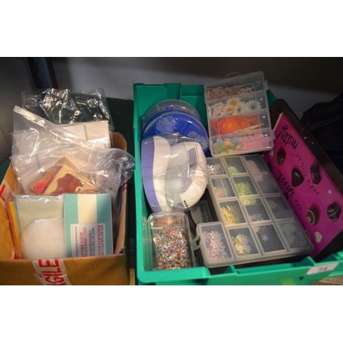 54 - Box of crafting stamps & crate containing card making, decorative items and stamping machine