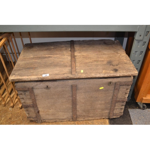 59 - Oak & wrought metal wrapped trunk. W78cm D48cm H49cm.