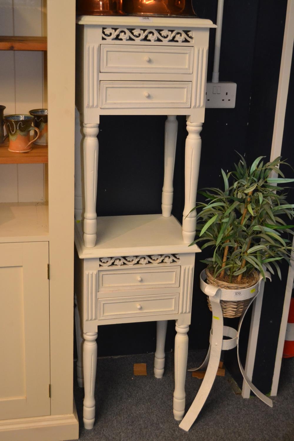 Two white painted bedside with carved gallery H 70cm
