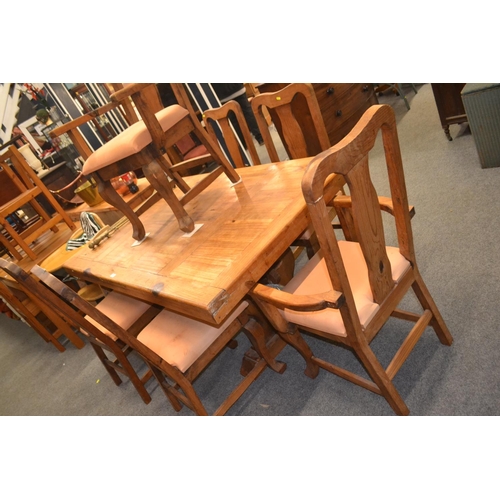 649 - Chunky pine dining table 160cm x 100cm with 6 chairs including carvers.