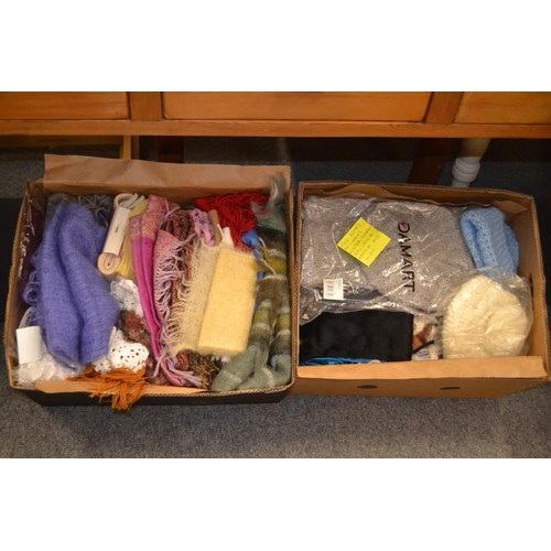 657 - 2 boxes of ladies winter scarves, inc. mohair & many new with tags