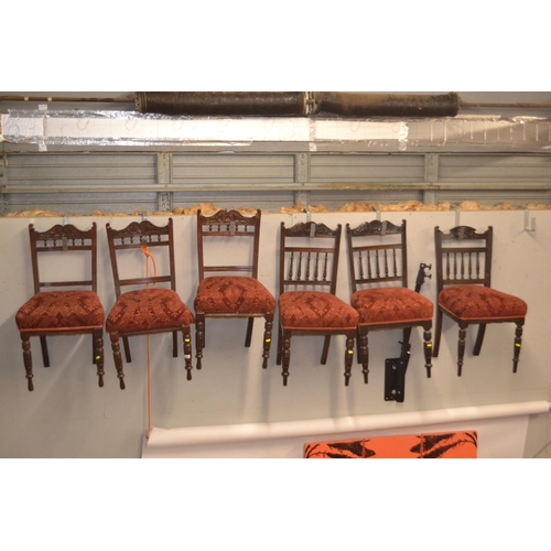 665 - 6 mahogany framed chairs (not 6 matching, 2x sets of 3)